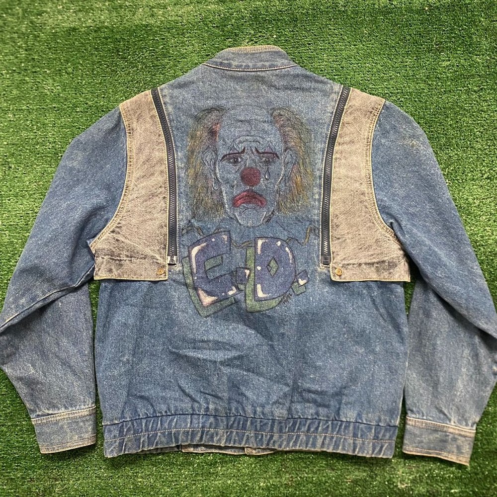 Vintage 90s Sad Clown Denim Jean Bomber Jacket Convertible Vest L Grunge Punk